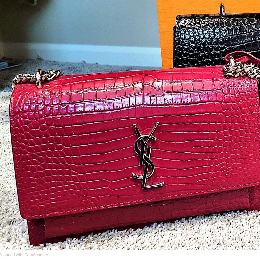 Yves Saint Laurent Red Croc-Embossed Shoulder Bag